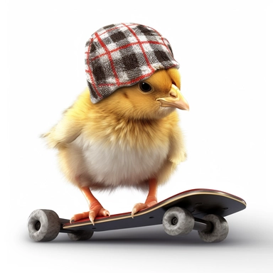 clipart, little chicken skateboard and wearing a beanie hyper realistic