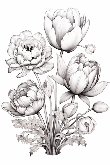 line drawing clipart of tulips and chrysanthemum in black and white