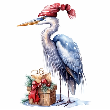 Watercolor, cute Christmas blue heron, with a red hat, coat and sack of gifts, PNG, winter, nursery, cartoon, highly detailed, watercolor, very high details, white background, clipart style