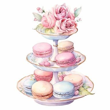 Clipart, Watercolor, Blush Floral Shabby Chic Tier Candy Tray with cupcakes, Macarrons and sandwiches, light colors, hand-draw, texture