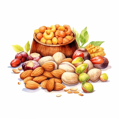 picturesque, simple, bright, the best simple mixed nuts, almond, cashew nut, pistachio, peanut, macadamia nut, in the world, clipart on white background, watercolor, painted by Beatrix Potter, 8k,