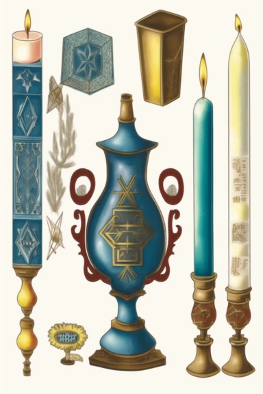 a page of clipart ephemera, jewish, mezuzah, menorah, candles
