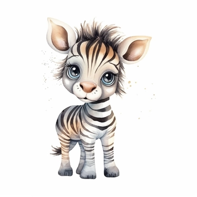 watercolor cute zebra with big eyes, pixar style, kawaii style, light colors, baby room style, clipart with white background