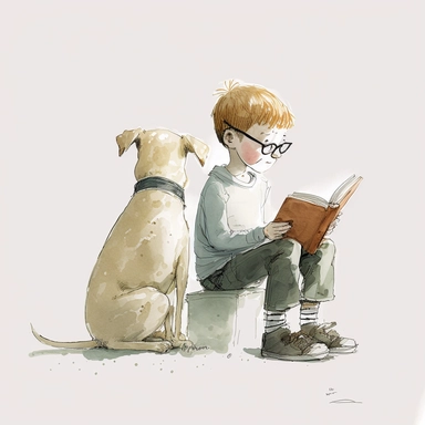 a dog sitting next to a young boy reading a book, watercolor and ink drawing, clipart, happy, gentle smile, beautiful watercolor ink wash coloring, thick pencil lines, Jon klassen, Adrian tomine, popular on etsy, watercolor illustrations clipart, watercolor illlustrations for kids and children, book illustrations, plain white background