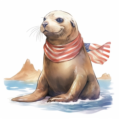 a playful California sea lion with rocky shoreline, wears American flag scarf and sunglasses, Western coastal waters, watercolor style, anime-inspired character designs, hyper-realistic animal illustrations, 2d game art, quadratura, clipart, on white back