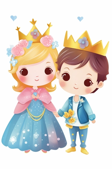 Folk art, scandinavian design, princess and prince, girl and a boy, realistic eyes, with a princess crown, full body, princess dress, fairy tale, 2D illustration, Colorful, light colored, white background, babycore, rainbow, Vector, Svg, Clip Art, Flat design,