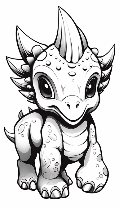 Triceratops, that is clean and simple on a white background, in 2d clipart vector style for adobe illustrator, should express a comic and a cartoon style look, cute and funny, the outer border width must be 4mm, it must be suitable for a coloring book, smooth lines, show full animal with its all body parts in vitali-iakovlev style, single image per page, image should be inside the page, image should not touch the edges of the page