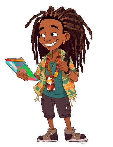 cute cool smiling black boy with wild colorful dreadlocks, reading, chibi style, jewelry, hip hop clothing, hands in pocket, clipart, whole body, white background,