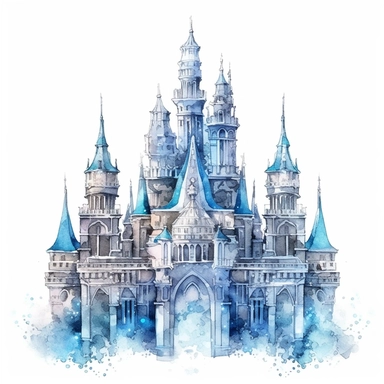Beautiful Ice Castle Watercolor Clipart,Cartoon, hyper realistic, intricate detail, illustration style,high solution,on the white background