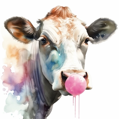 Cow eating bubblegum watercolor sharp illustration clipart, insane detail, white background
