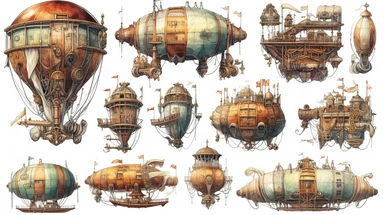 steampunk airship, clipart, white background, watercolor, hyperrealism, high detail, separate elements, set