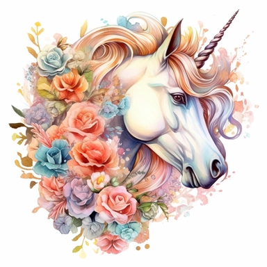 Watercolor Floral Unicorn, peony flowers, roses, Pastel colors, Fantasy, royal, elegance, whimsy, magical, on white background Sublimation Clipart,hyper realistic, intricate detail, illustration style,high solution,on the white background