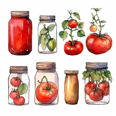 tomato mason jar watercolor clipart & clip art, in the style of light red and dark gray, narrative paneling, classic american cars, uhd image, hand lettering, depiction of rural life, wood