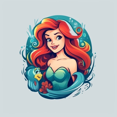 Ariel cartoon, disney style, clipart, t-shirt design , isolated on solid white background, , png , vector t-shirt design