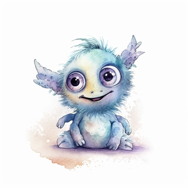 watercolour illustration, cute baby monster, big eyes, smiling, pastel, pale blue, aquarrellist, clipart, isolated, white background,