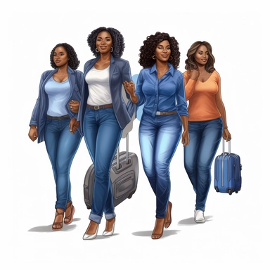 Clipart, four curvy African American woman smiling, all in t shirts and blue jeans with suit cases walking together through the airport, colorful background, hyper realistic, well rendered, cinematic, - - v 5