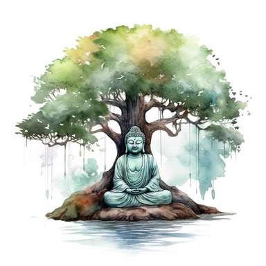watercolor buddha next to a tree clipart, make it creative and descriptive, white background
