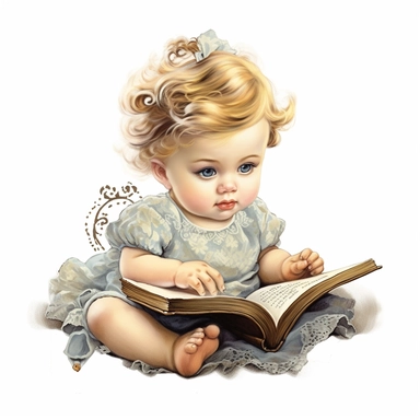Cute Beautiful Vintage Baby Girl Reading Book Sublimation Clipart,hyper realistic, intricate detail, illustration style,high solution,on the white background