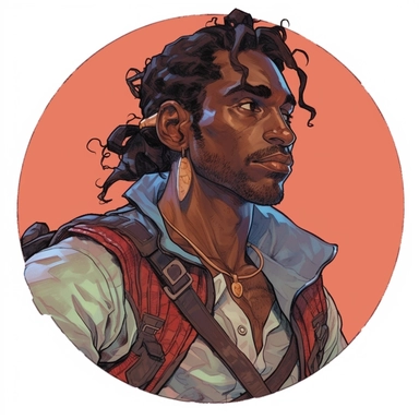 A circular tondo depicting a Dungeons & Dragons character lightly-armored dark-skinned African-heritage elf elvish weathered grungy hobo badass survivalist ranger warrior, Mike Allred Josh Kirby Mad Max Lord of the Rings, handpainted retrowave, clipart illustration, circle solid background