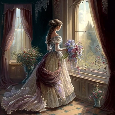 beautiful lady, very detailed, wearing beautiful dress, standing by large victorian window, looking out the window, beautiful romantic bouquet of flowers, beautiful crystal ornate vase, sitting on table with decorative tablecloth, infront of large victorian window with beautiful flowing curtaings, soft colors, crisp colors, ribbon, very detailed, fantasy, romantic, clipart style