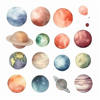 watercolor illustration clipart, cartoon, different planets like earth mars moon saturn, white background, Soft pastel colors