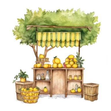 watercolor lemonade counter under the tree clipart, white background