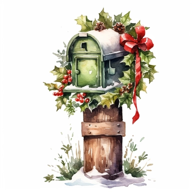 vintage christmas watercolor clipart of a mailbox on a post, decorated with slightly muted reds, greens, whites, highlights, hyper realistic, proportioned, symmetrical, isolated white background