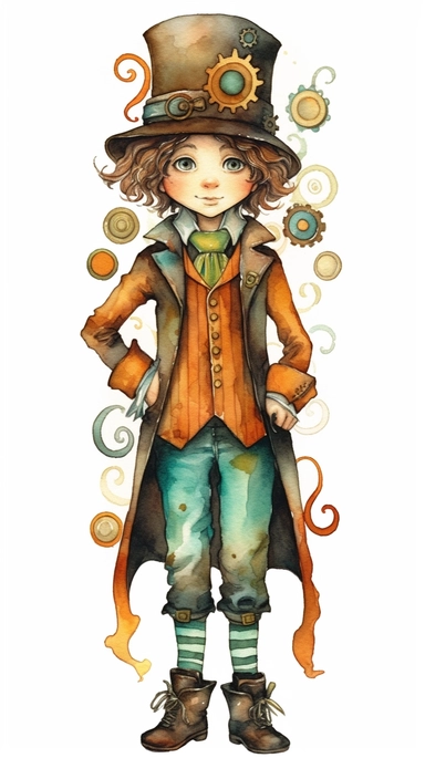 watercolor steampunk boy entire body illustration clipart by holly hobbie and mary engelbreit