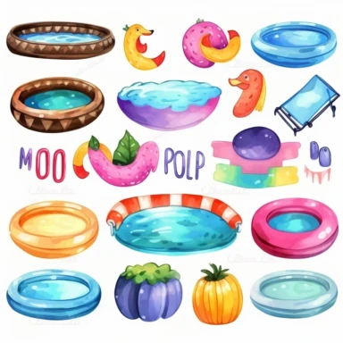 watercolor inflatable mini pools clipart set on white background