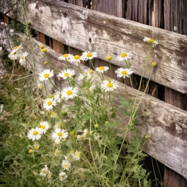 chamomile plant, against a old wood rail fence , clipart, vintage, edith holden style, hyper hd--q2--v5.1