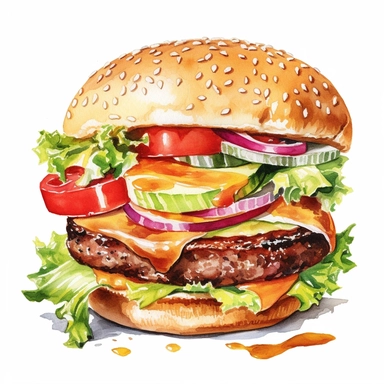 a watercolor, hyper-realistic clipart image with a white background and white margins, showcasing a classic cheeseburger with a juicy beef patty, melted cheese, lettuce, tomatoes, and pickles. The ultra-detailed, hand-drawn elements capture the textures and colors of the burger ingredients. Use bold shades of brown, green, and red to evoke the mouthwatering and indulgent nature of this fast food staple