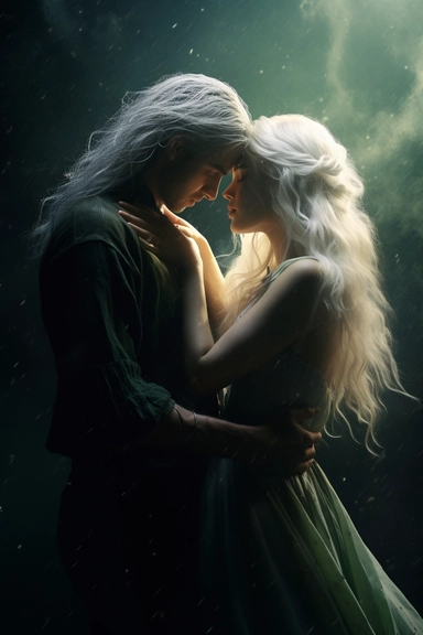 Clipart, just real, cinematic lighting, couple of elf lovers, kiss , white hair, man with medium hair, green eyes, fantasy background, 8k, darkness & light