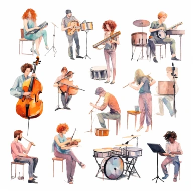 watercolor, Musicians of band or orchestra with musical instruments set vector illustration. Cartoon male and female talent artists playing drum guitar piano flute saxophone violin on show png Full body realistic cartoon in 32K UHD cute. 15 cm thick outline. Black color. There was no shadow on the ground. 8k with realistic watercolors and detailed illustrations. PNG clipart, transparent white background