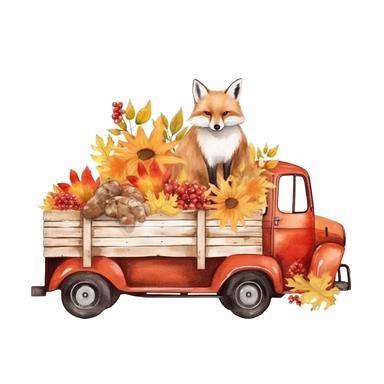 red Harvest Truck ,Watercolor autumn elements, flower , leave fall , Watercolor many animals woodland Clipart, Autumn Clipart , watercolor illustration, white background for removing background