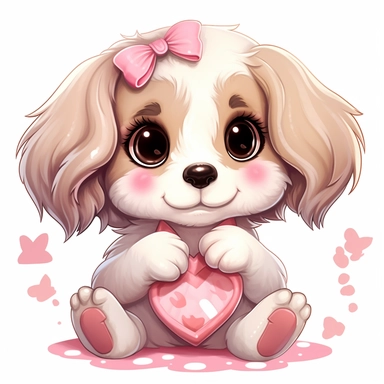 kawaii a very cute cuddly eyes happy puppy wearing a pink coat giving out heart's clipart Easter spring bunny scrapbooking Crafton digital paper white background