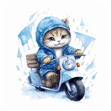 Draw a series of cliparts showing a cute cat riding a blue motorcycle through different weather conditions, such as rain or snow. Low detail. White background, soft lighting. In the style of Bob Ross