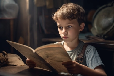 a cute ten-year-old boy is reading a book in the genre of combat marine fantasy, a watercolor clipart, Sharp focus + Close-up textures + Hyper-realistic textures, Color contrast, Precise details, Complexity, hdr. 8k