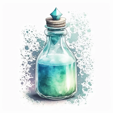 Watercolor potion bottle: Paint a tall, skinny, thick glass, half empty potion bottle with cerulean liquid. Use watercolors to create a soft, dreamy effect. Clipart. Sticker. White background.
