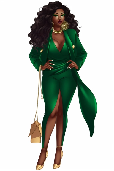 Cartoon Black Skin African American Clipart Plus size Beautiful Rich Woman Wearing green suit wearing gold jewelry having beautiful face long eyelashes and beautiful lips beautiful long hair confident confident wearing high heels