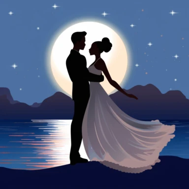 Caucasian bride and African groom, sharing a romantic moment on a moonlit beach, the sound of waves adding to their serenity, vibrant colors, Pixar style, Clipart on a white background.
