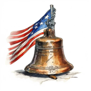 Original Liberty Bell of Philadelphia with american flag, Vectorial, highly detailed, watercolor, clipart, illustration, white background, digital painting, paper crafting, no signature, no text, very detailed , Cartoon,hyper realistic, intricate detail, illustration style,high solution,on the white background