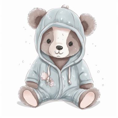 Clipart of a cute baby bear wearing cozy pajamas on white background. Add small details like a bear ear hat or fluffy slippers to accentuate the cute and cozy look