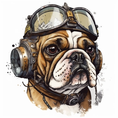 one watercolor Steampunk Bulldog portrait in WWII Army Air Force Aviator Flight Helmet with goggles clipart in 32K UHD isolated on white background, 4K, ultra hd, highly detailed, spaced out