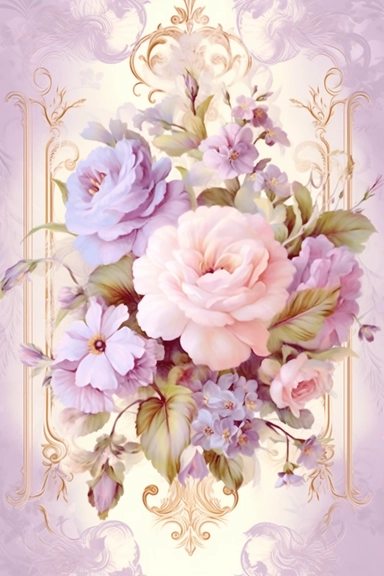 Vintage shabby damask clipart vignette with delicate floral patterns along the sides and corners of the image, small cute bright oil painting vignette with beautiful roses and blooming lilacs, light pastel tones in the center of the image,