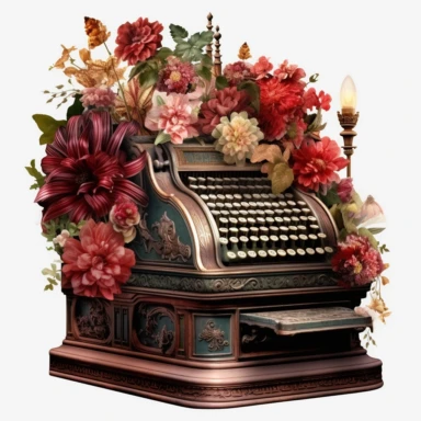 an enchanted old and used 1900 cash register profil view, enchanted collector's item surrounded by an arrangement of a number of dramatic extravagant saturated digital burgundy 3D dahlias, in the style of large-scale photography, lush detailing, watercolor style, steam style, playfully intricate, made of flowers, bloomcore, clipart, transparent png background