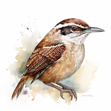 Carolina wren sharp illustration clipart, watercolor art, insane detail, white background