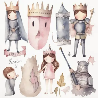 cute hand drawn watercolor clipart set on white background featuring a princess, a knight in armour, a prince and a castle like this by luxtux--ar 125:187