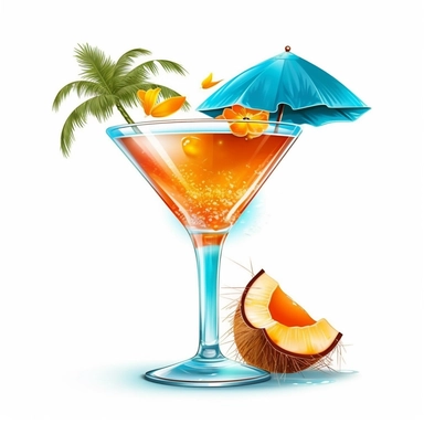 colorful cocktail apricot blue curacao syrup decorate with small palm trees and little umbrella digital clipart on white background