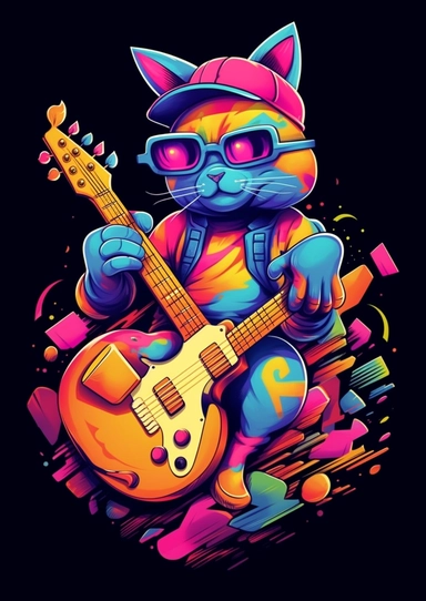 Stylized 3D vector graphic illustration of a Tshirt features 3D Design, clipart concept, An anthropomorphic humanoid, A Rainbow Pantone Kittens Male character with the ability to control and morph from energy IN Swoon graffiti artwork and graffiti design, Playing the GUITAR, Wearing clothes Hiphop STYLE, Contour Drawing with Fine Line Artwork, Macro Detailed, Focused on the character, Clear visuals, Highest Resolution 3D Adobe Illustrator file Eps format, Style of photo-realistic techniques, 3D 