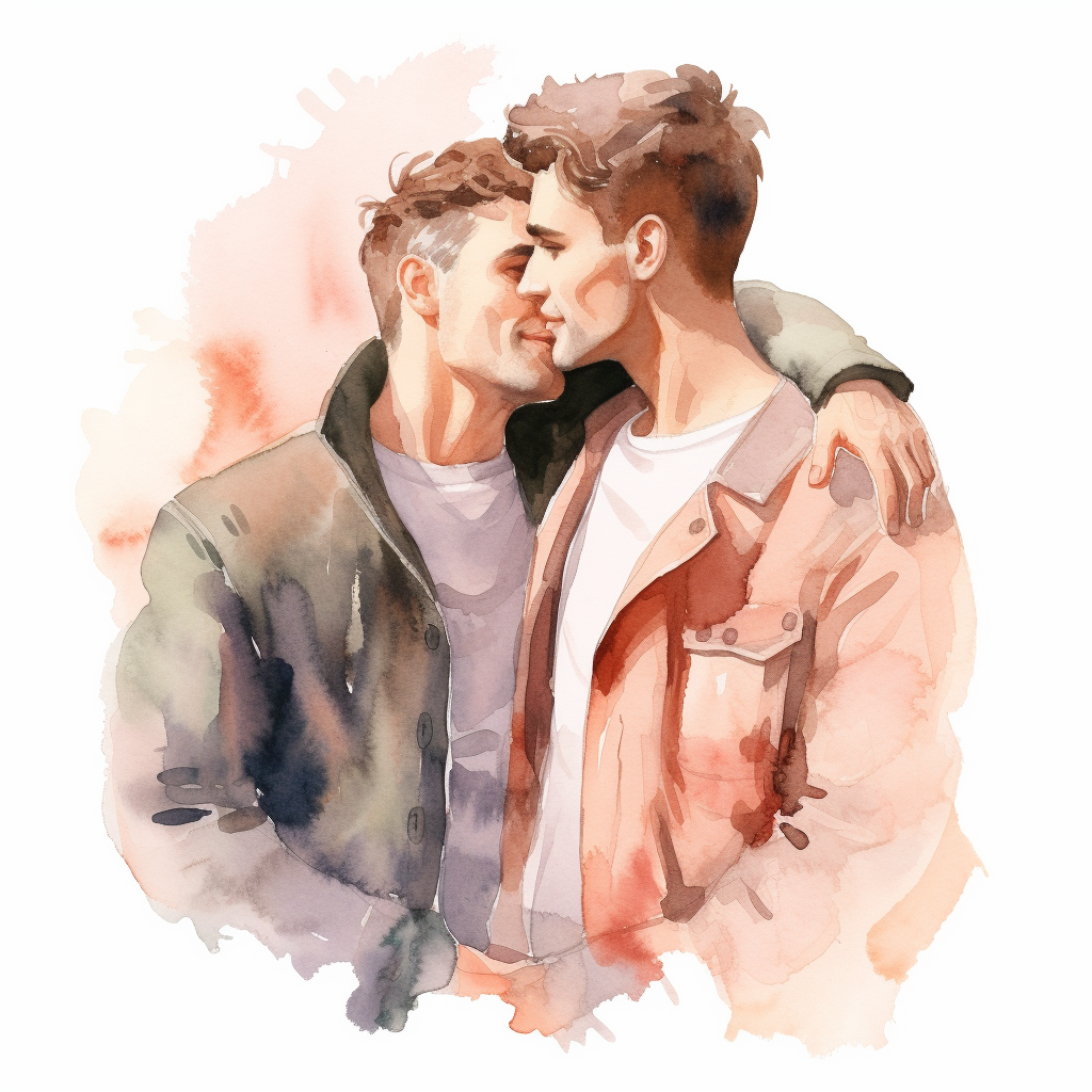 Watercolor drawing of a handsome dreamy gay couple, boyfriends ...